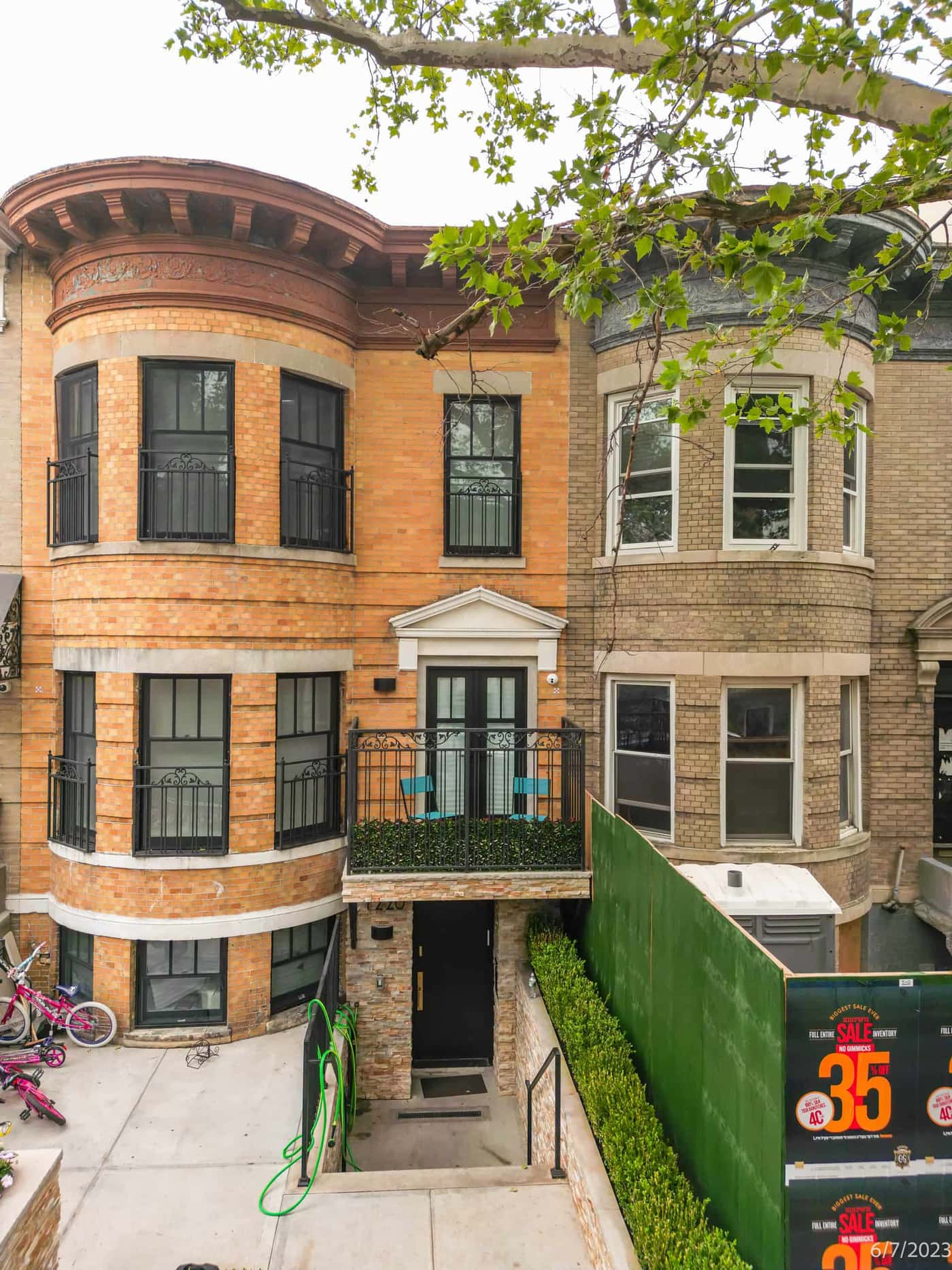 OpenDoors360 pre-construction survey documentation of a brownstone front elevation in New York City, the structural baseline recorded before adjacent excavation